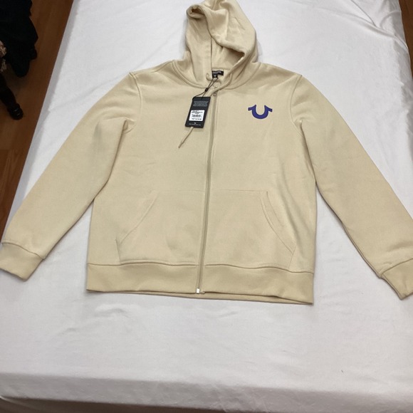 True Religion Overlap Buddha Zip Hoodie Fog Beige Men's Large NWT $119 - Picture 1 of 10